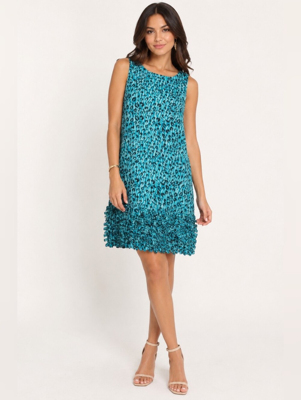 Yera Size 42 Turquoise Abstract Print Textured Ruffle Hem Shift Dress 10